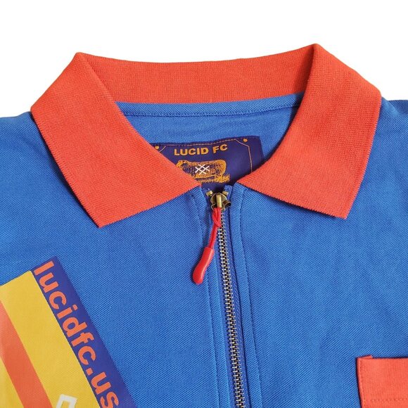 Lucid FC Mens L Blue Polo Shirt With Red Accents Front Zip Pocket & Graphic Deta - Picture 3 of 8